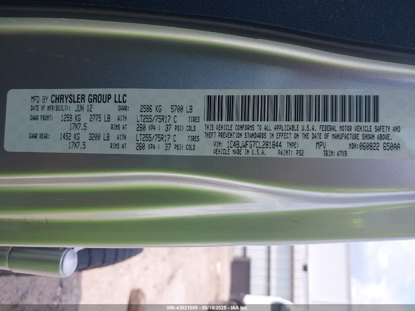 2012 Jeep Wrangler Unlimited Rubicon VIN: 1C4BJWFG7CL281844 Lot: 43021009