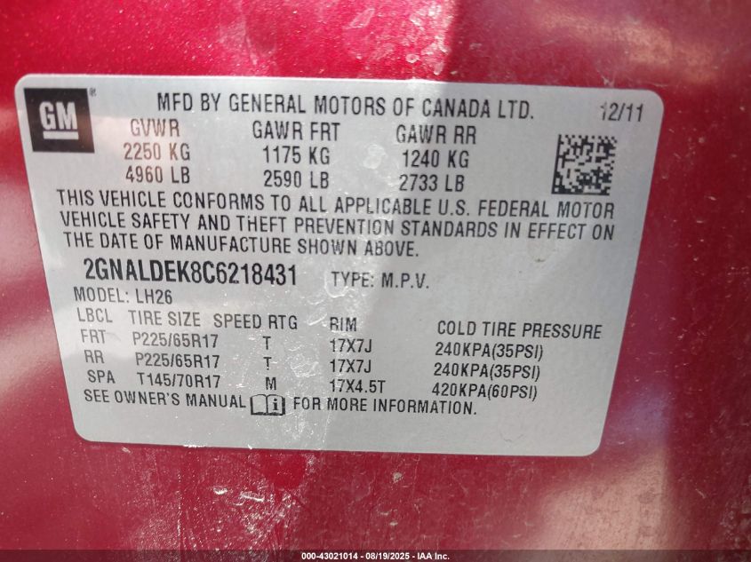 2012 Chevrolet Equinox 1Lt VIN: 2GNALDEK8C6218431 Lot: 43021014