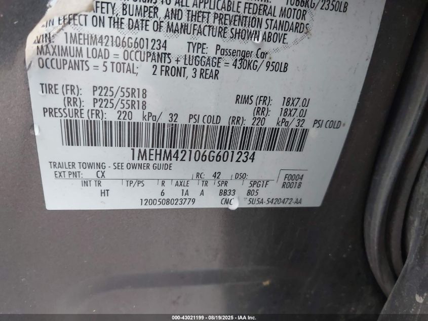 2006 Mercury Montego Premier VIN: 1MEHM42106G601234 Lot: 43021199