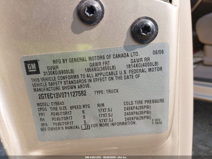 2007 GMC Sierra 1500 Classic Sl VIN: 2GTEC13V071127582 Lot: 43021203