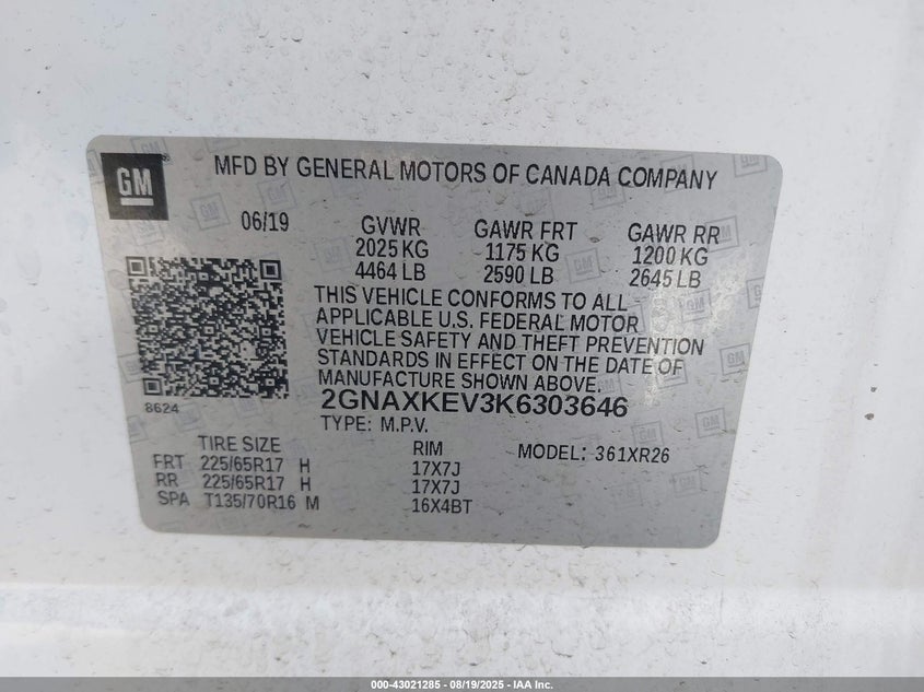 2019 CHEVROLET EQUINOX LT 2GNAXKEV3K6303646