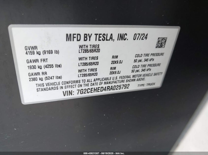 2024 Tesla Cybertruck VIN: 7G2CEHED4RA025792 Lot: 43021357