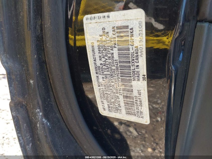 2000 Toyota Camry Solara Se VIN: 2T1CG22P5YC360431 Lot: 43021358