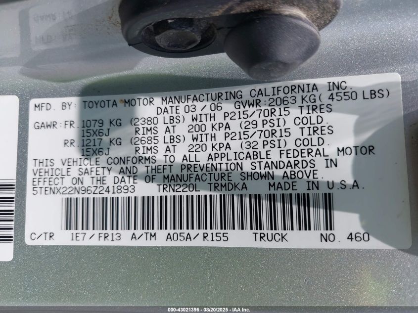 2006 Toyota Tacoma VIN: 5TENX22N96Z241893 Lot: 43021396