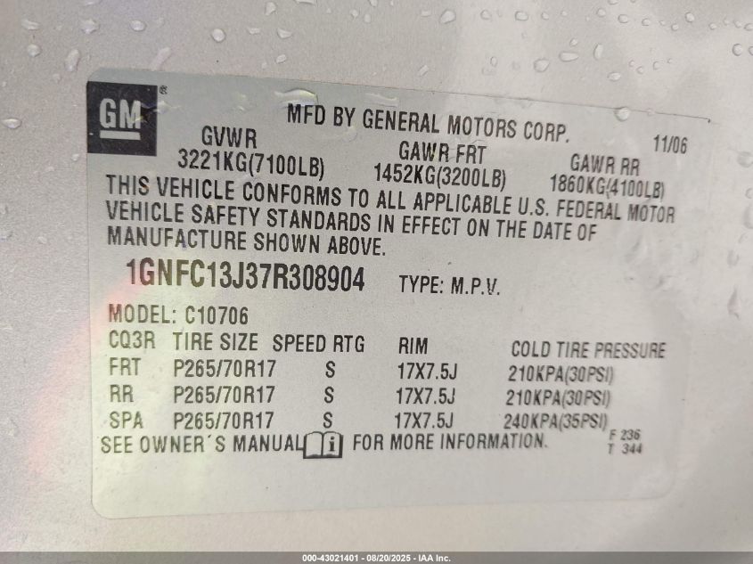 2007 Chevrolet Tahoe Lt VIN: 1GNFC13J37R308904 Lot: 43021401