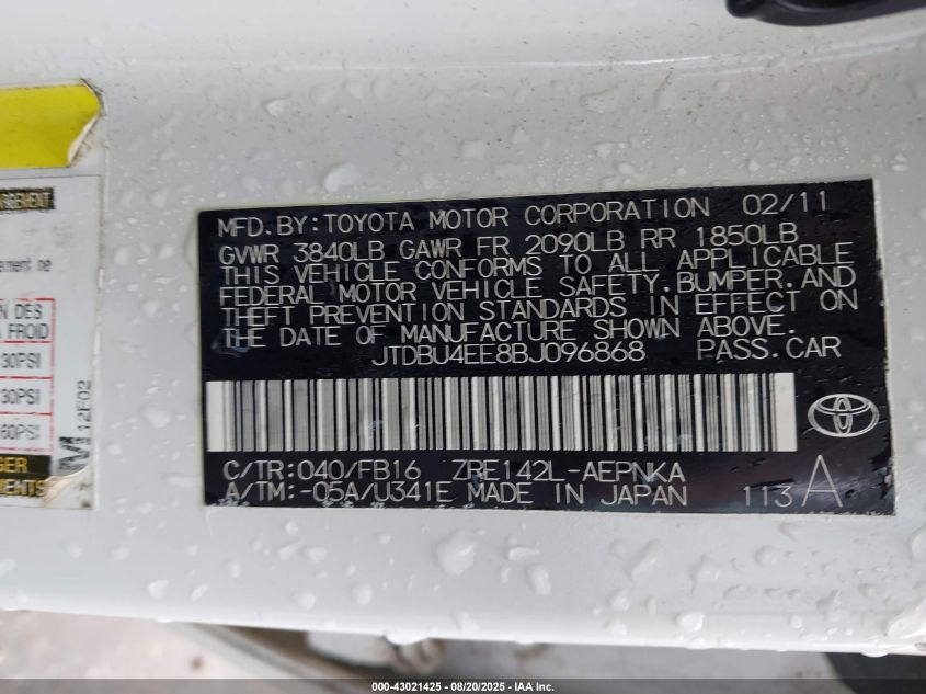 2011 Toyota Corolla Le VIN: JTDBU4EE8BJ096868 Lot: 43021425