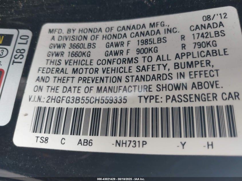 2012 Honda Civic Lx VIN: 2HGFG3B55CH559335 Lot: 43021429