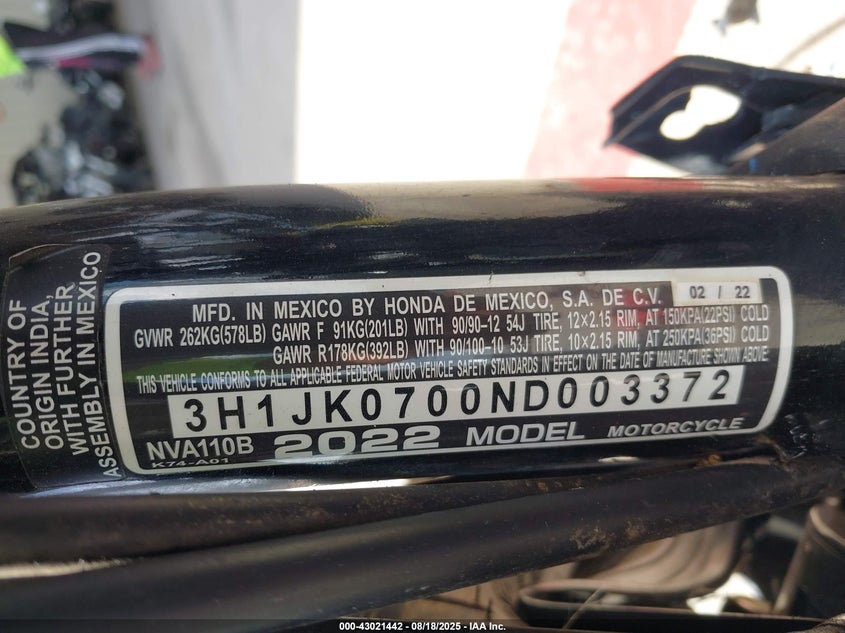 2022 HONDA NVA110 B - 3H1JK0700ND003372