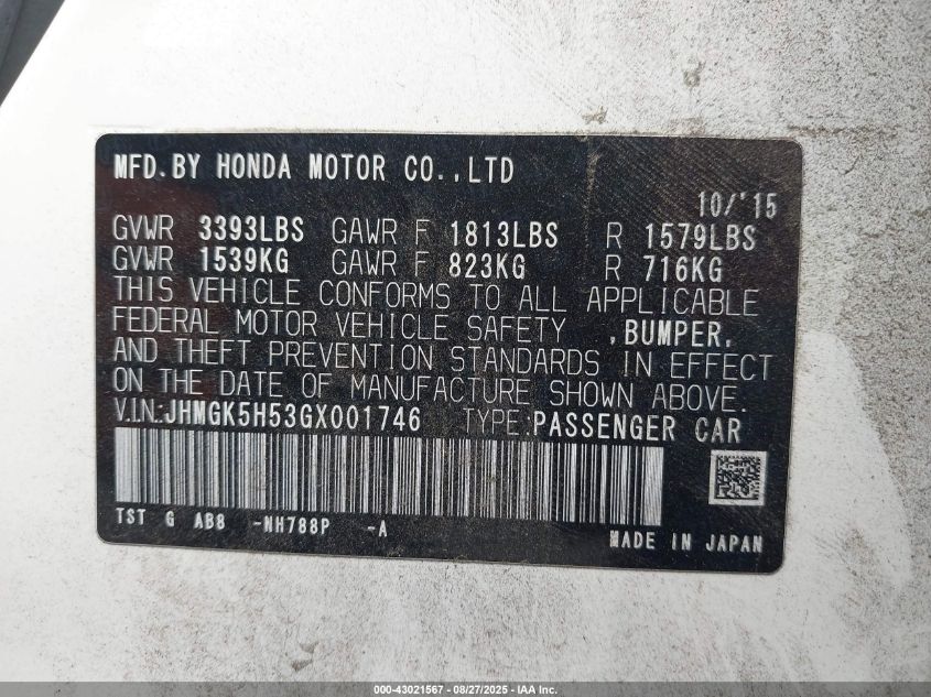 2016 Honda Fit Lx VIN: JHMGK5H53GX001746 Lot: 43021567