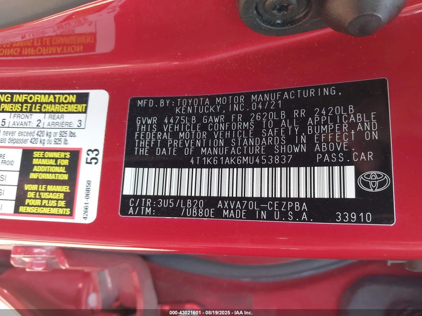 2021 Toyota Camry Xse VIN: 4T1K61AK6MU453837 Lot: 43021601