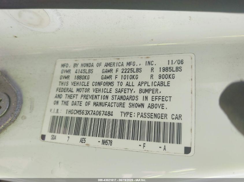 2007 Honda Accord 2.4 Se VIN: 1HGCM563X7A067484 Lot: 43021617