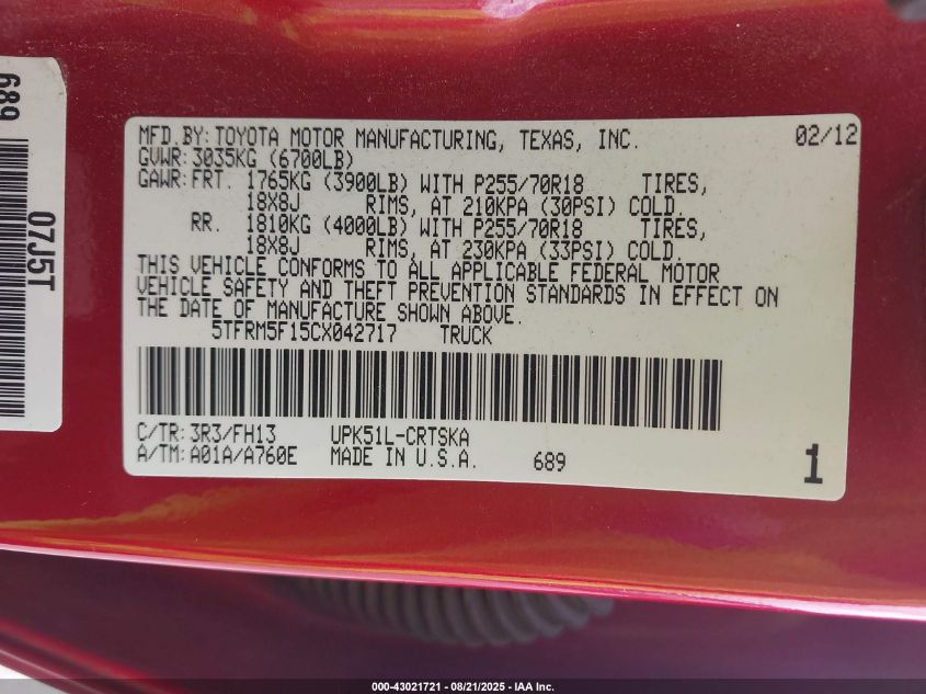 2012 Toyota Tundra Grade 4.6L V8 VIN: 5TFRM5F15CX042717 Lot: 43021721