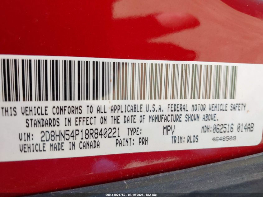 2008 Dodge Grand Caravan Sxt VIN: 2D8HN54P18R840221 Lot: 43021752