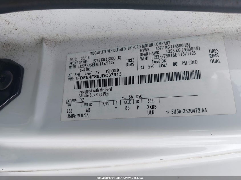 2018 Ford E-450 Cutaway VIN: 1FDFE4FS9JDC37913 Lot: 43021771