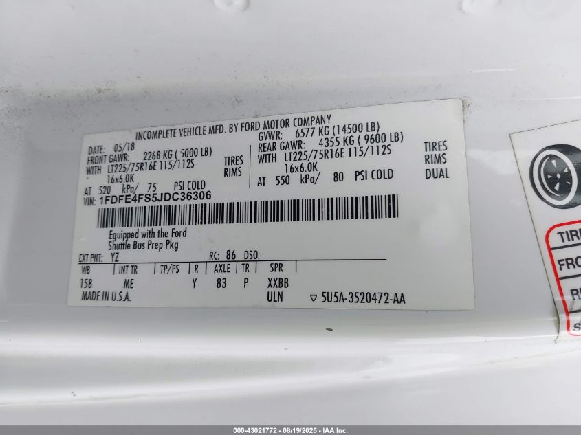 2018 Ford E-450 Cutaway VIN: 1FDFE4FS5JDC36306 Lot: 43021772