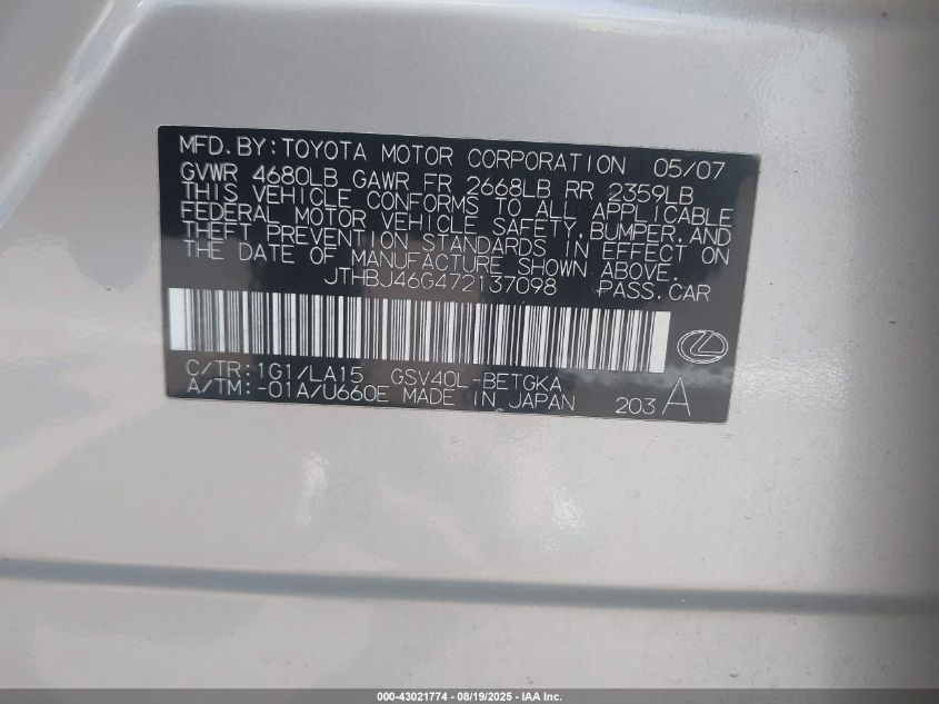 2007 Lexus Es 350 VIN: JTHBJ46G472137098 Lot: 43021774