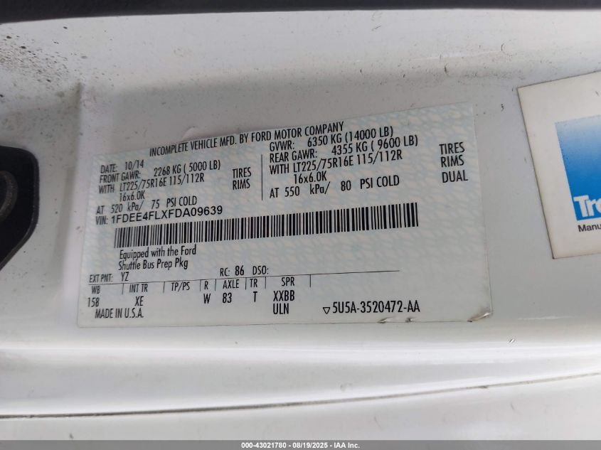 2015 Ford Econoline E450 Super Duty Cutwy Van VIN: 1FDEE4FLXFDA09639 Lot: 43021780