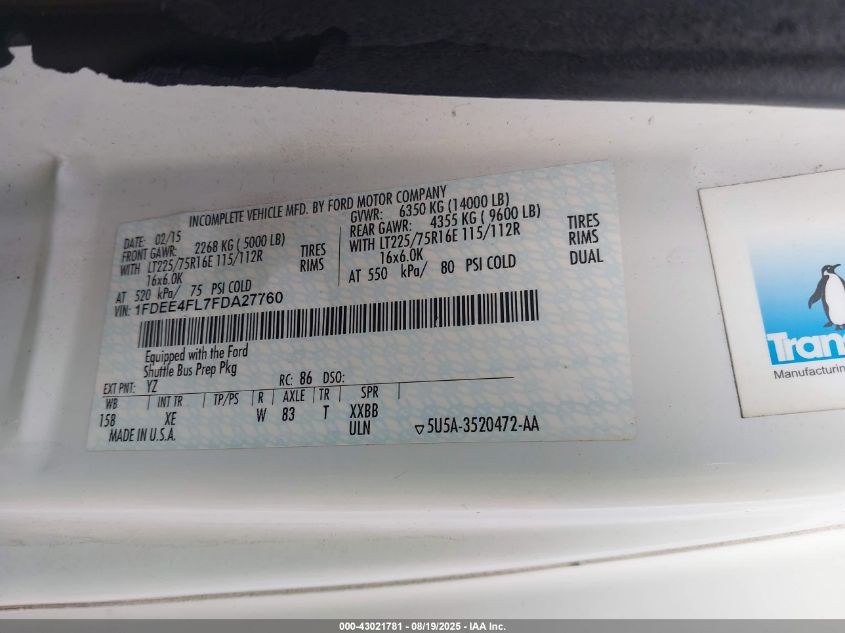 2015 Ford Econoline E450 Super Duty Cutwy Van VIN: 1FDEE4FL7FDA27760 Lot: 43021781