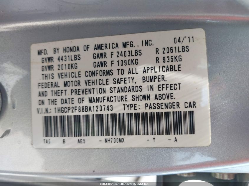 2011 Honda Accord 2.4 Ex-L VIN: 1HGCP2F88BA120743 Lot: 43021867