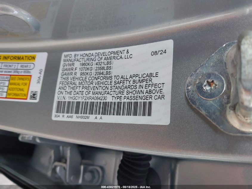 2024 Honda Accord Lx VIN: 1HGCY1F2XRA084230 Lot: 43021970