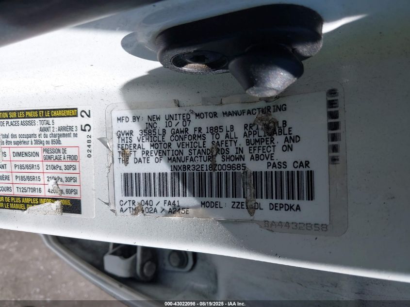 2008 Toyota Corolla Ce VIN: 1NXBR32E18Z009685 Lot: 43022098