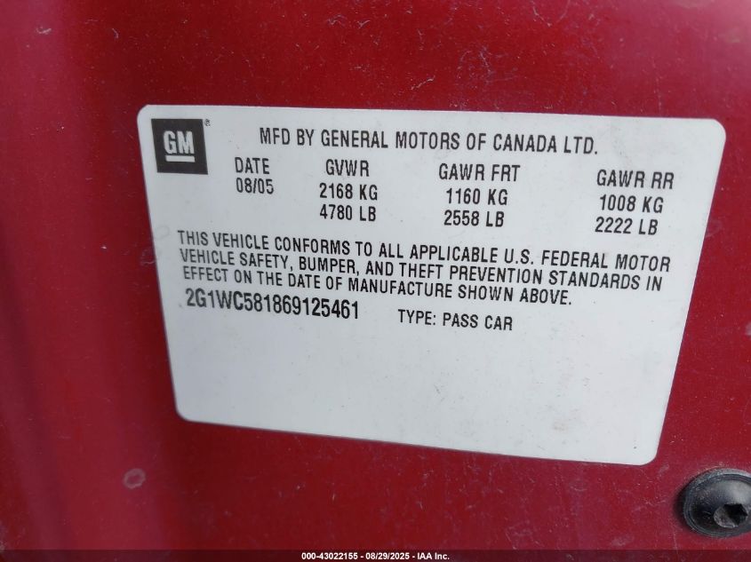 2006 Chevrolet Impala Lt VIN: 2G1WC581869125461 Lot: 43022155