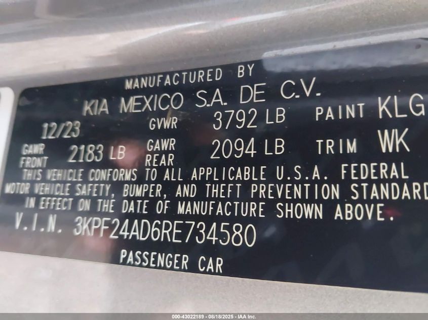 2024 Kia Forte Lxs VIN: 3KPF24AD6RE734580 Lot: 43022189