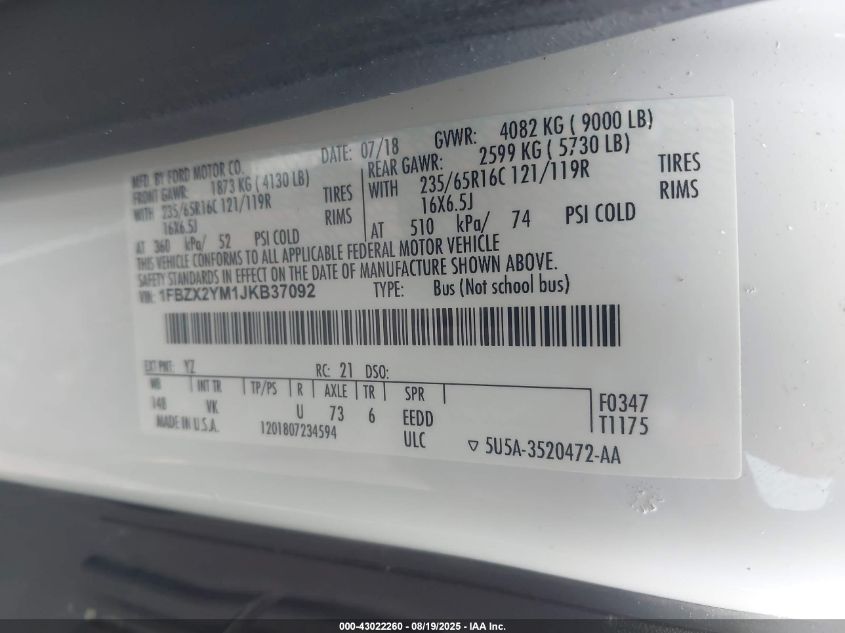 2018 Ford Transit-350 Xl VIN: 1FBZX2YM1JKB37092 Lot: 43022260