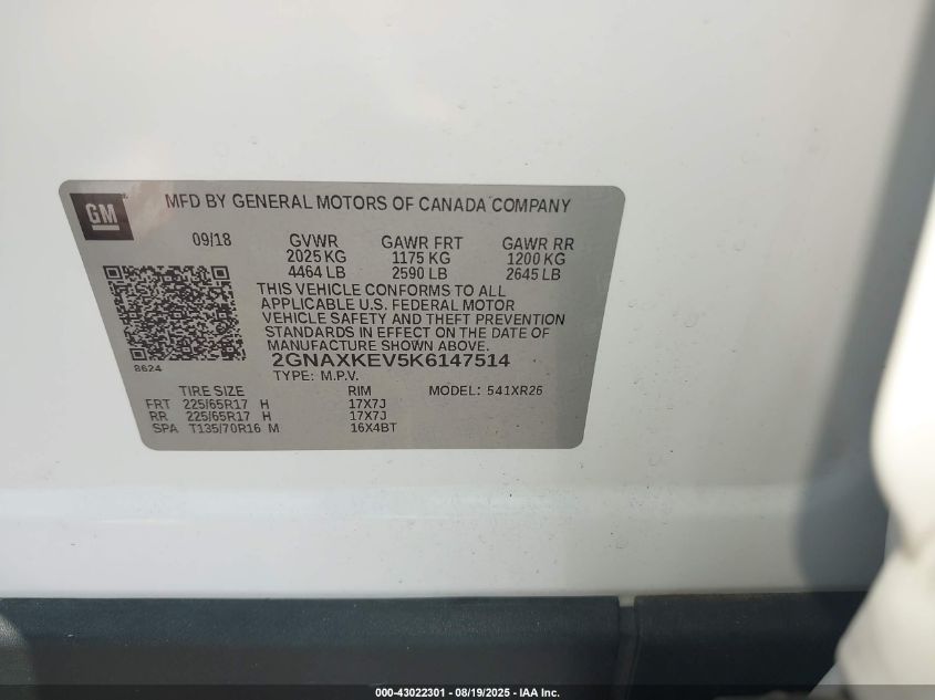 2019 Chevrolet Equinox Lt VIN: 2GNAXKEV5K6147514 Lot: 43022301