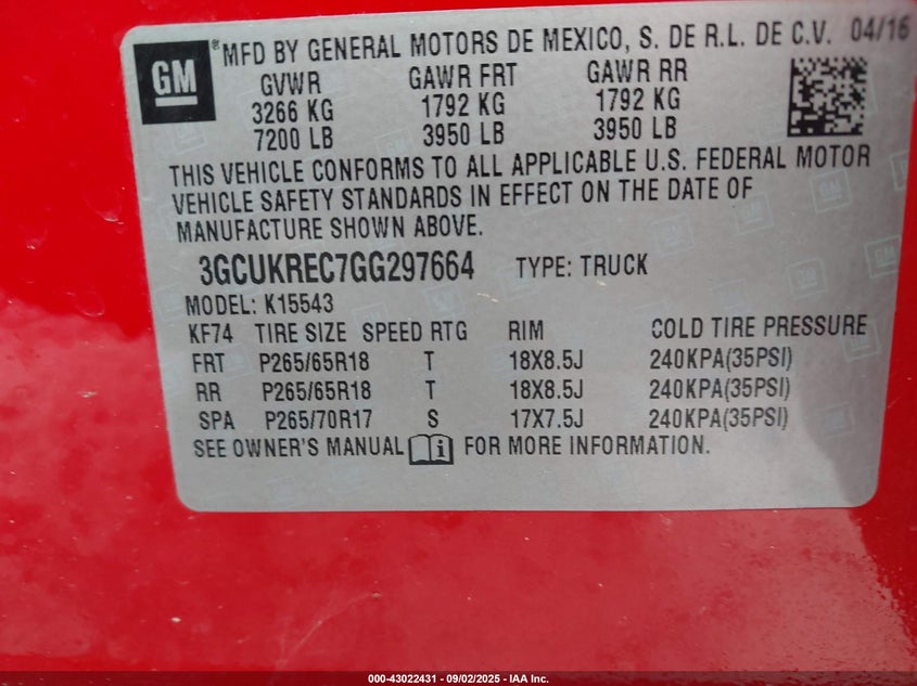 2016 Chevrolet Silverado 1500 1Lt VIN: 3GCUKREC7GG297664 Lot: 43022431