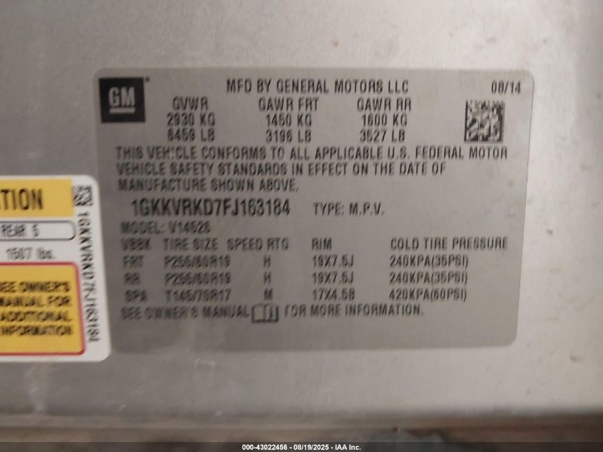 2015 GMC Acadia Slt-1 VIN: 1GKKVRKD7FJ163184 Lot: 43022456