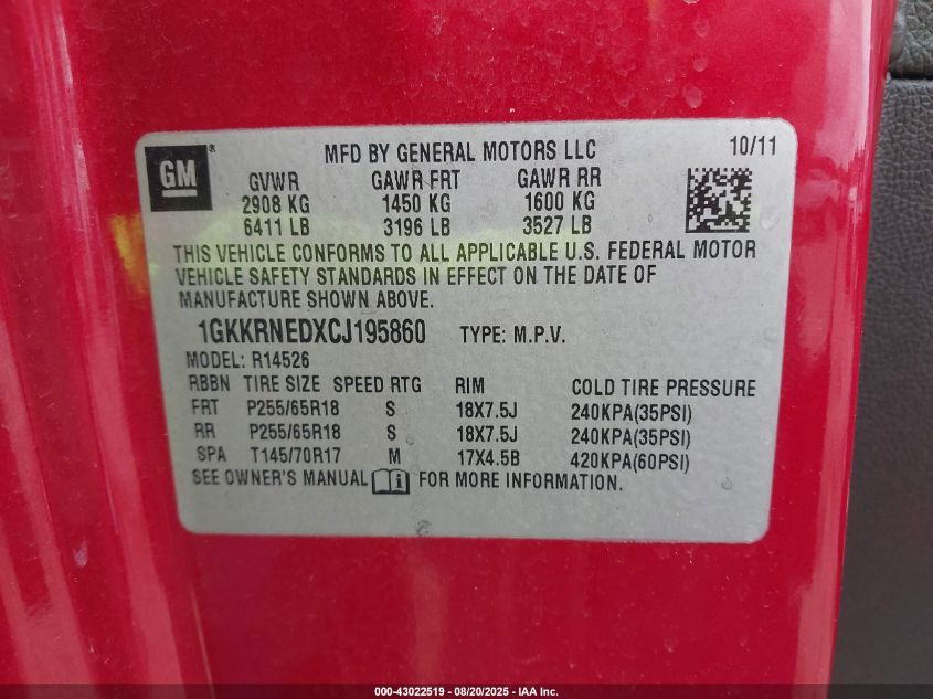 2012 GMC Acadia Sl VIN: 1GKKRNEDXCJ195860 Lot: 43022519