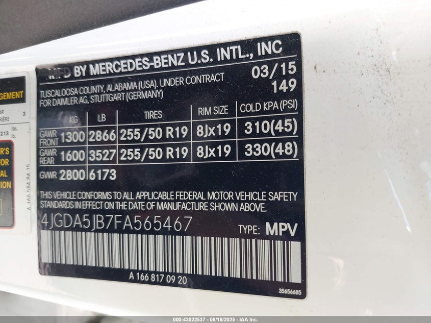 2015 MERCEDES-BENZ ML 350 - 4JGDA5JB7FA565467