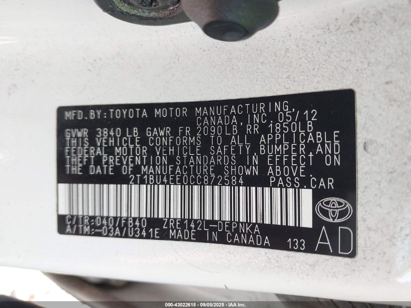 2012 Toyota Corolla Le VIN: 2T1BU4EE0CC872584 Lot: 43022618