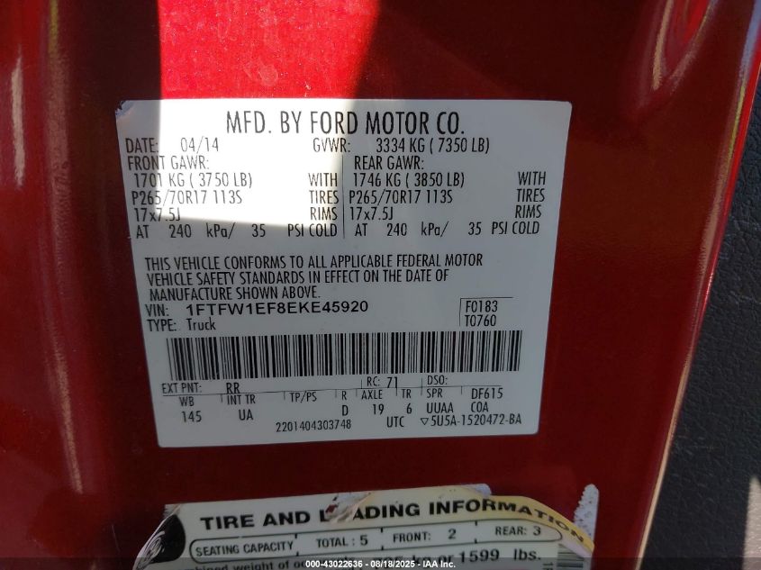 2014 Ford F-150 Xlt VIN: 1FTFW1EF8EKE45920 Lot: 43022636