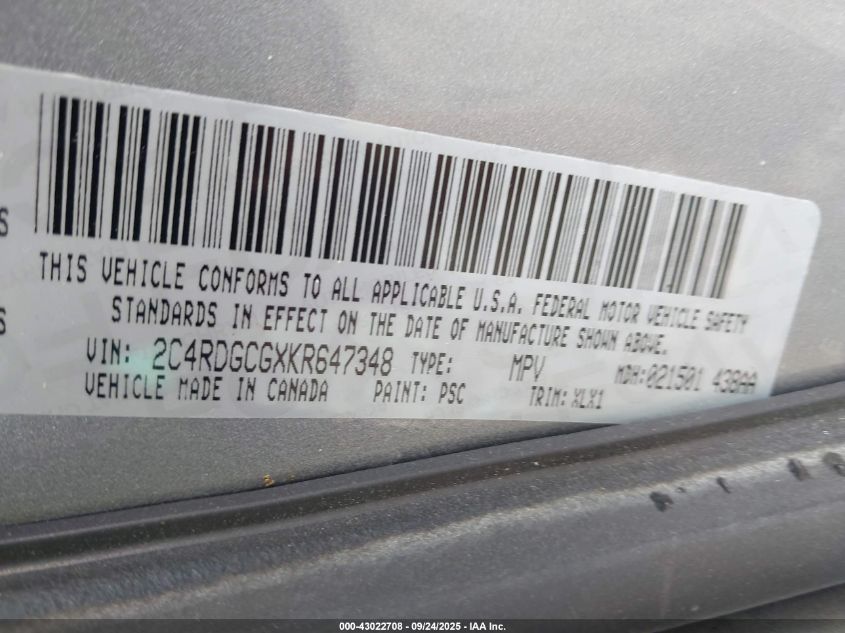 2019 Dodge Grand Caravan Sxt VIN: 2C4RDGCGXKR647348 Lot: 43022708