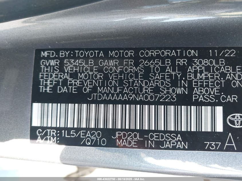 2022 Toyota Mirai Xle VIN: JTDAAAAA9NA007223 Lot: 43022750