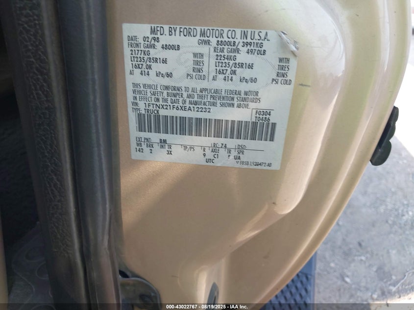 1999 Ford F-250 Lariat/Xl/Xlt VIN: 1FTNX21F6XEA12232 Lot: 43022767