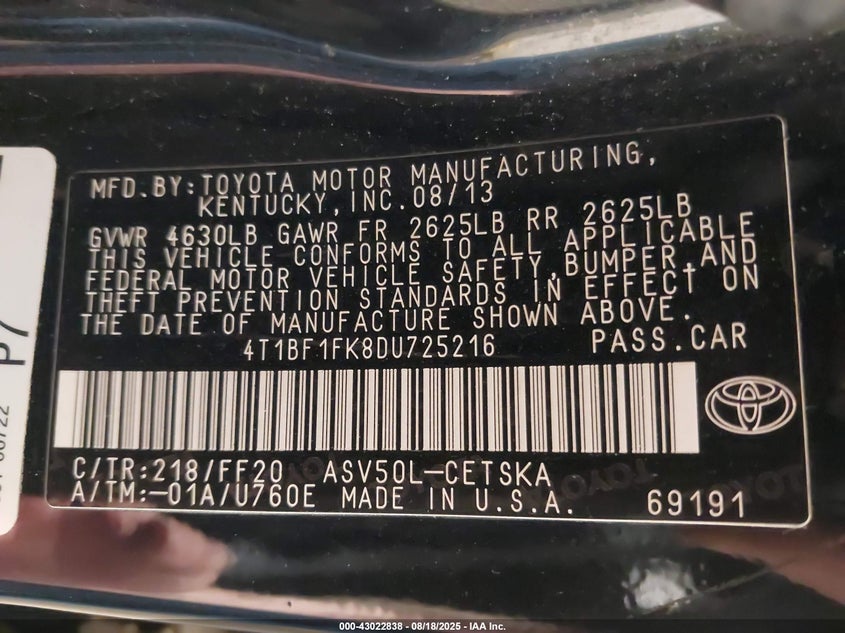 2013 Toyota Camry Se VIN: 4T1BF1FK8DU725216 Lot: 43022838