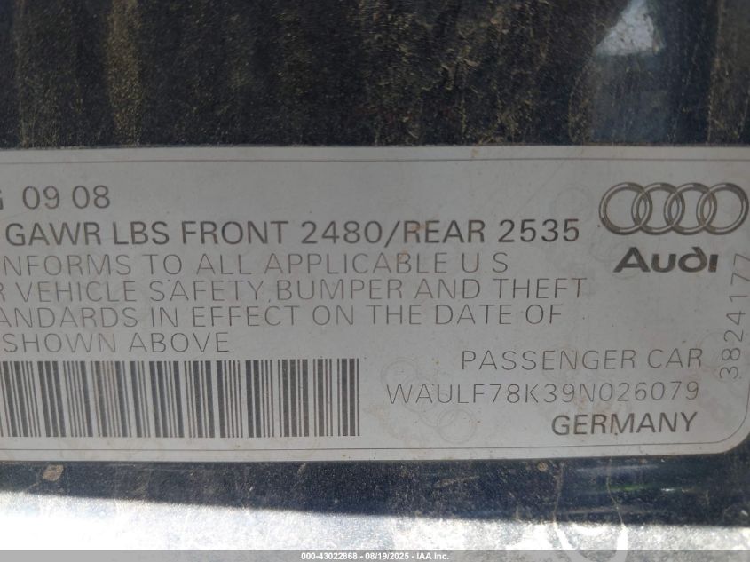 2009 Audi A4 2.0T Premium VIN: WAULF78K39N026079 Lot: 43022868