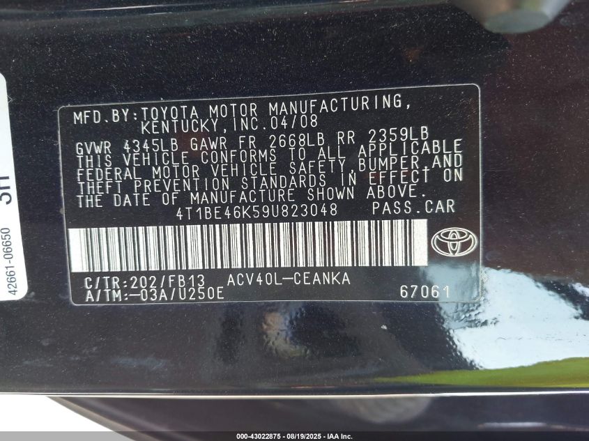 2009 Toyota Camry Le VIN: 4T1BE46K59U823048 Lot: 43022875