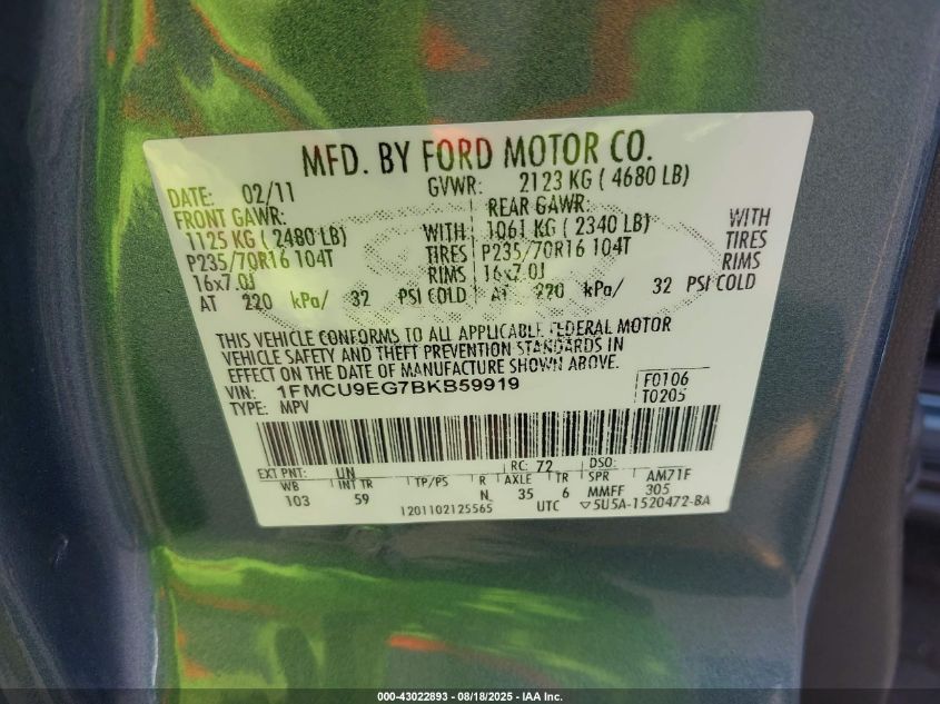 2011 Ford Escape Limited VIN: 1FMCU9EG7BKB59919 Lot: 43022893