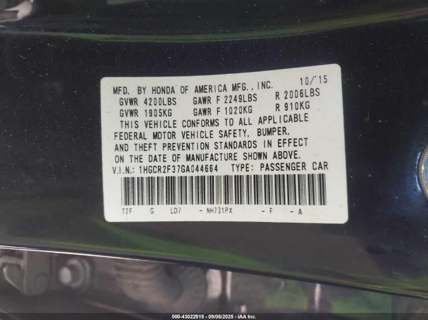 2016 Honda Accord Lx VIN: 1HGCR2F37GA044664 Lot: 43022919