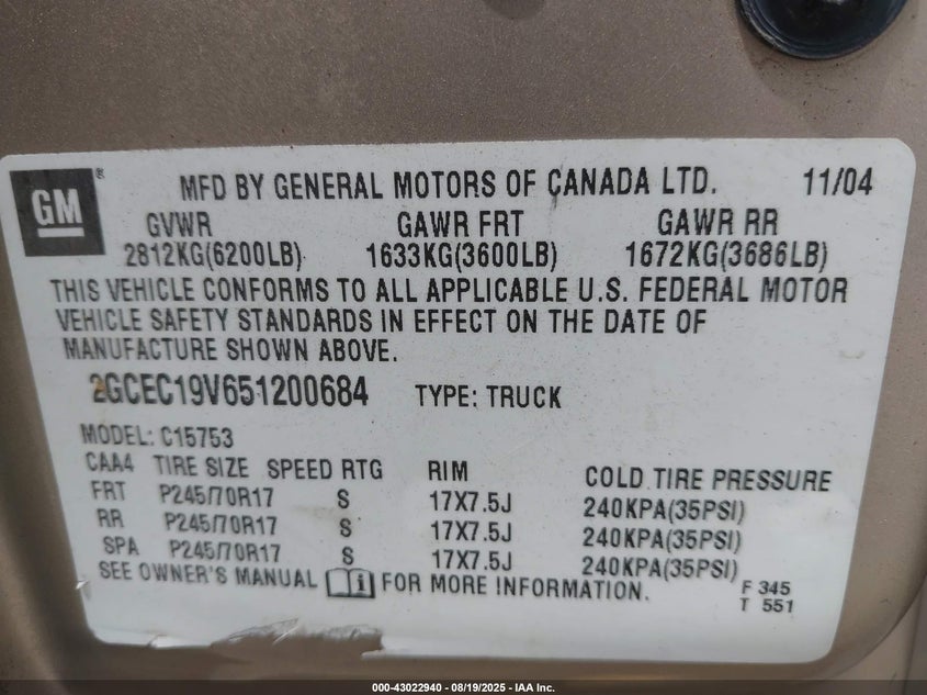 2005 Chevrolet Silverado 1500 Ls VIN: 2GCEC19V651200684 Lot: 43022940