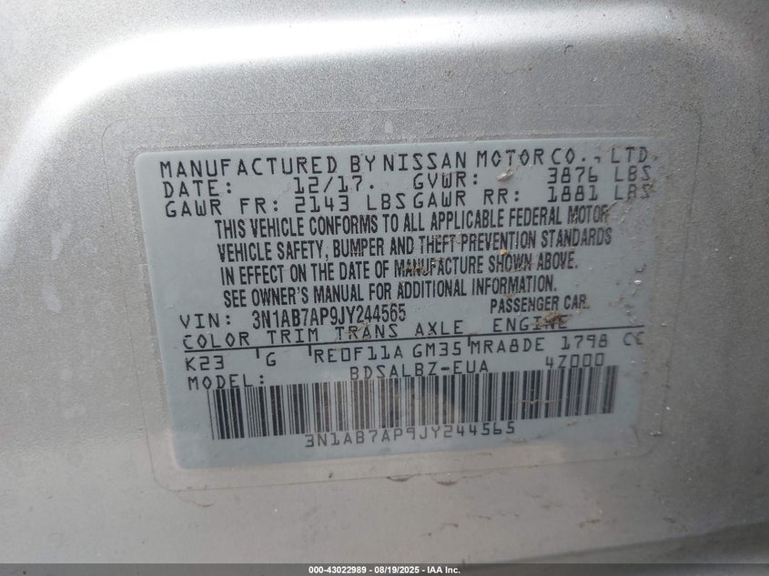 2018 NISSAN SENTRA S 3N1AB7AP9JY244565