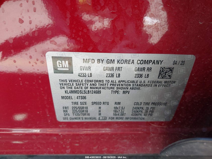 2020 Buick Encore gx 1.3 Fwd Select Red Lot 111043023033 Vin KL4MMDSL5LB124689