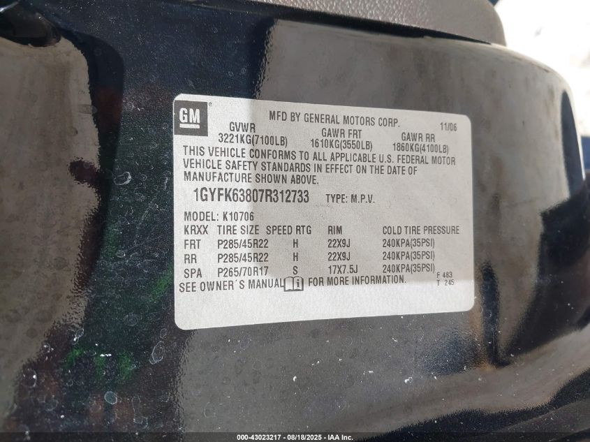 2007 Cadillac Escalade Standard VIN: 1GYFK63807R312733 Lot: 43023217