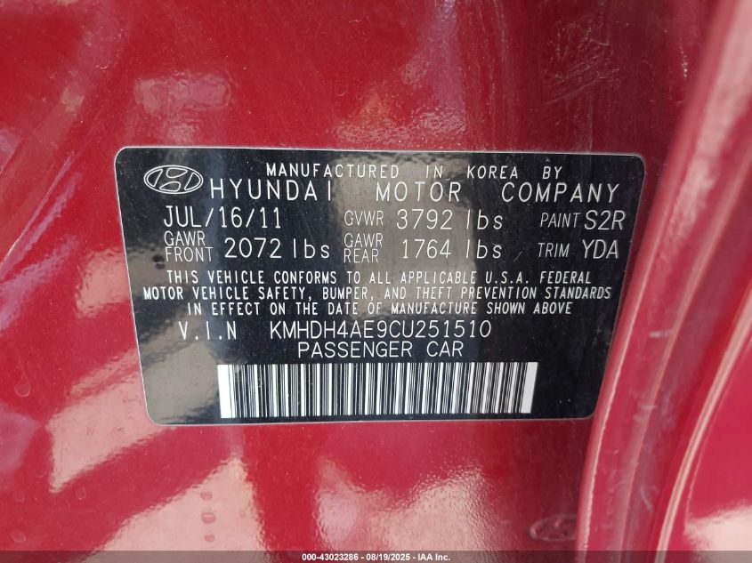 2012 Hyundai Elantra Limited (Ulsan Plant) VIN: KMHDH4AE9CU251510 Lot: 43023286