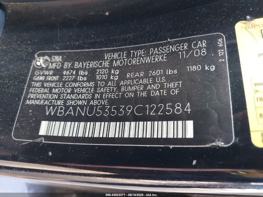 2009 BMW 528I VIN: WBANU53539C122584 Lot: 43023371