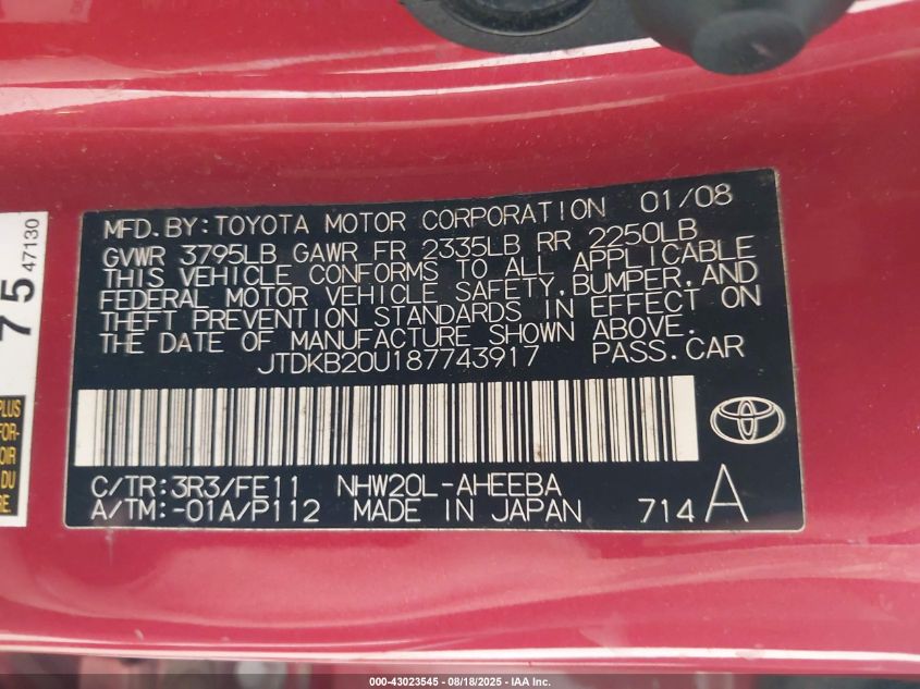 2008 Toyota Prius Standard VIN: JTDKB20U187743917 Lot: 43023545